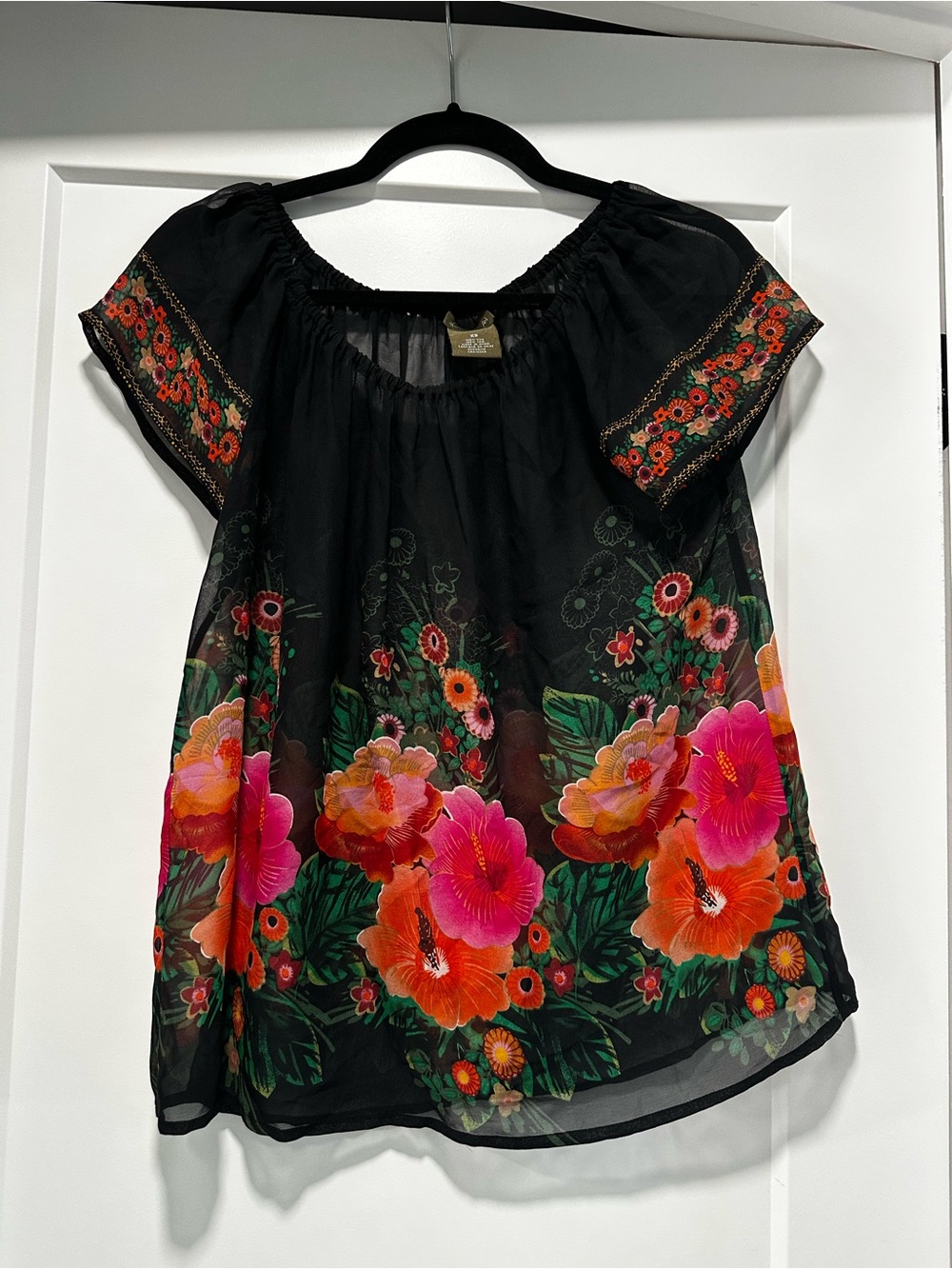FEI SILK Floral Off-Shoulder sheer Peasant Top - Black with Pink & Orange - XS